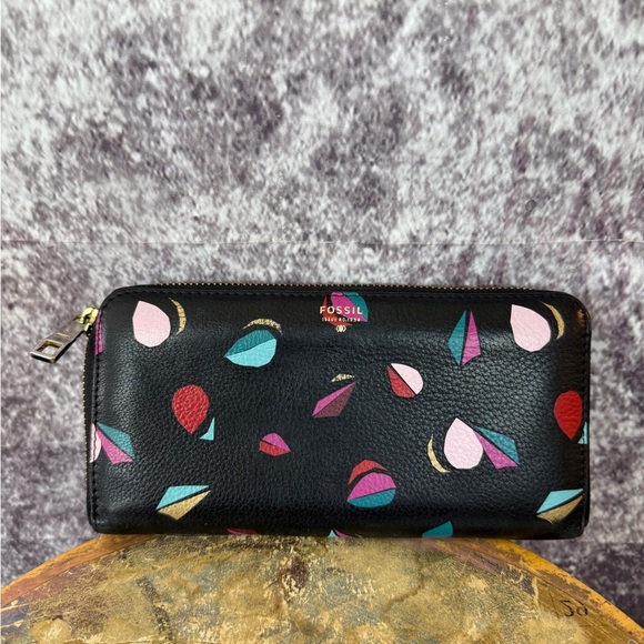 Classic FOSSIL Wallet Clutch Black Zip Around Long Wallet Clutch vintage Leather - Picture 1 of 11